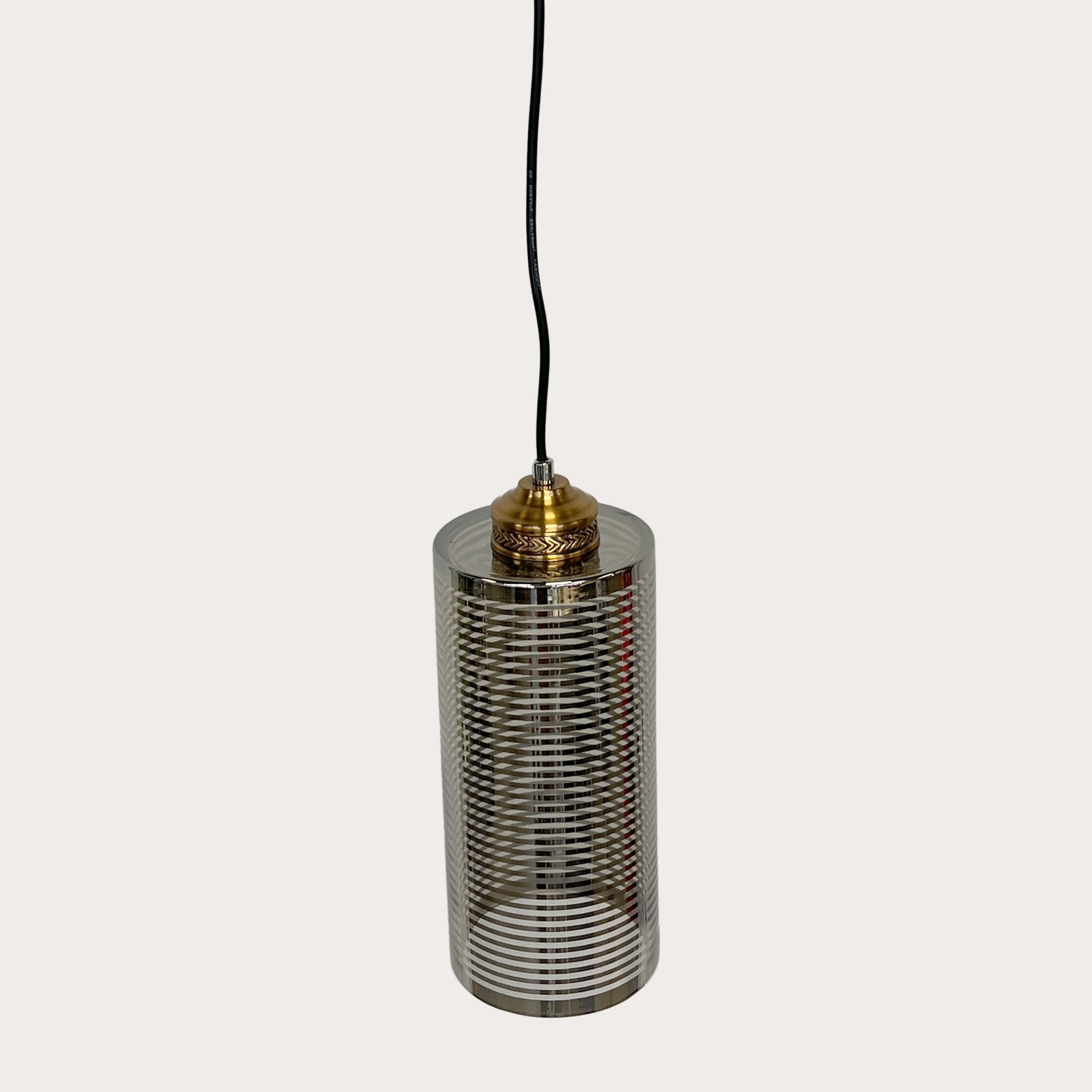 Lampadario a Sospensione in Vetro Fumè con Finiture Striate Nere
