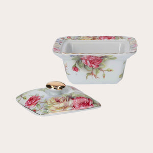 Scatola in Porcellana con Rose e Coperchio Dorato – Elegante Portaoggetti Decorativo