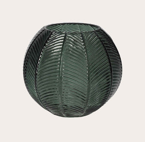 Vaso Tondo in Vetro Verde con Decoro Foglia – Arredo Casa Moderno ed Elegante