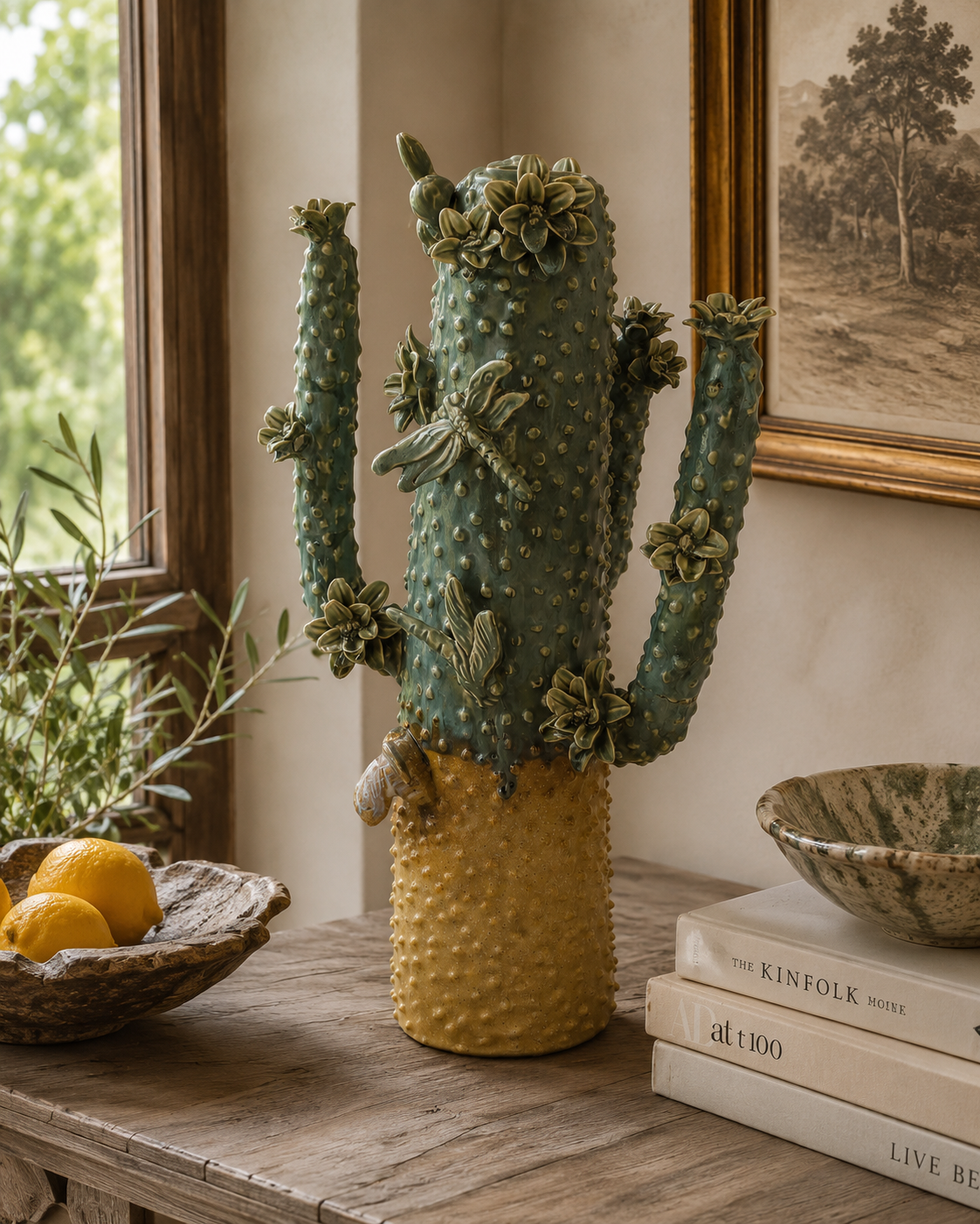 Green and Yellow Ceramic Cactus Vase H.50x28x20 cm