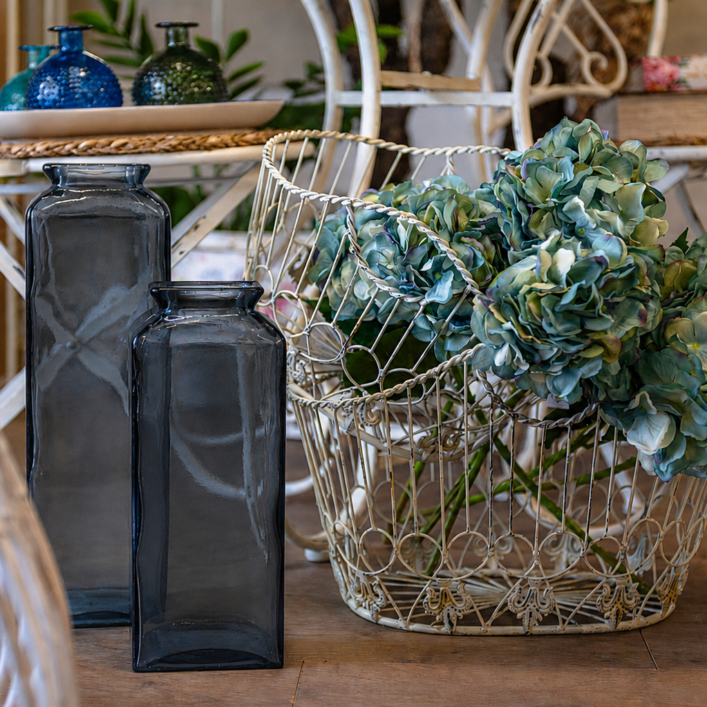 Rectangular vase in blue smoked glass H45x14 cm