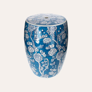 Pouf in Porcellana Decorato con Fiori e Farfalle Bianchi