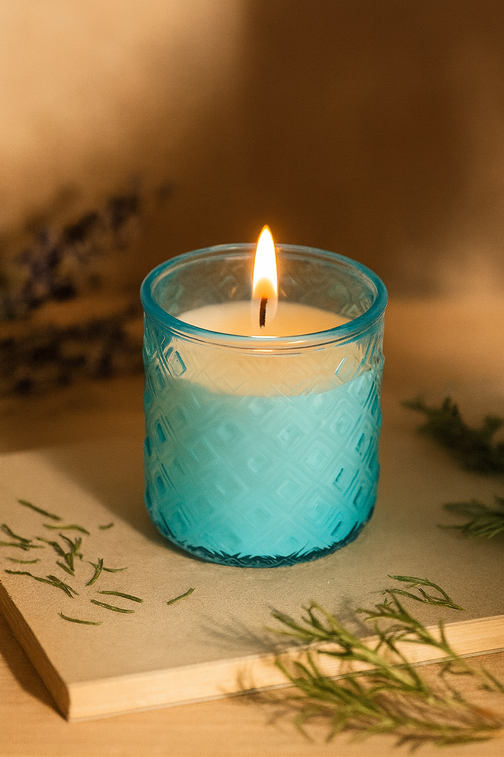 Recycled Blue Glass Candle Fruity Scent