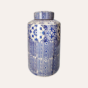 Potiche Elegante in Ceramica Beige con Decori Blu