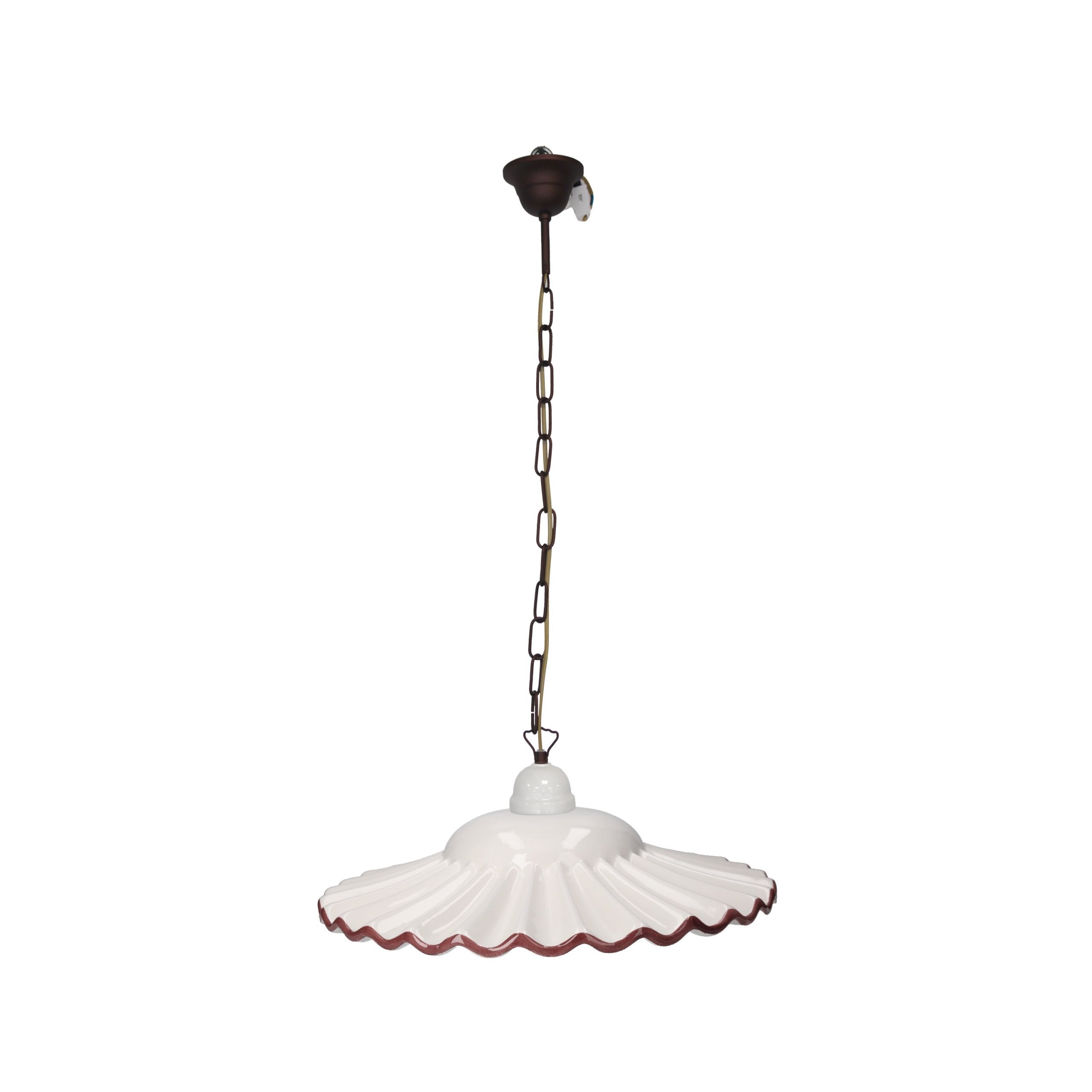 Lampadario Rustico Ceramica Bianca con Bordo Marrone Ø 39 cm