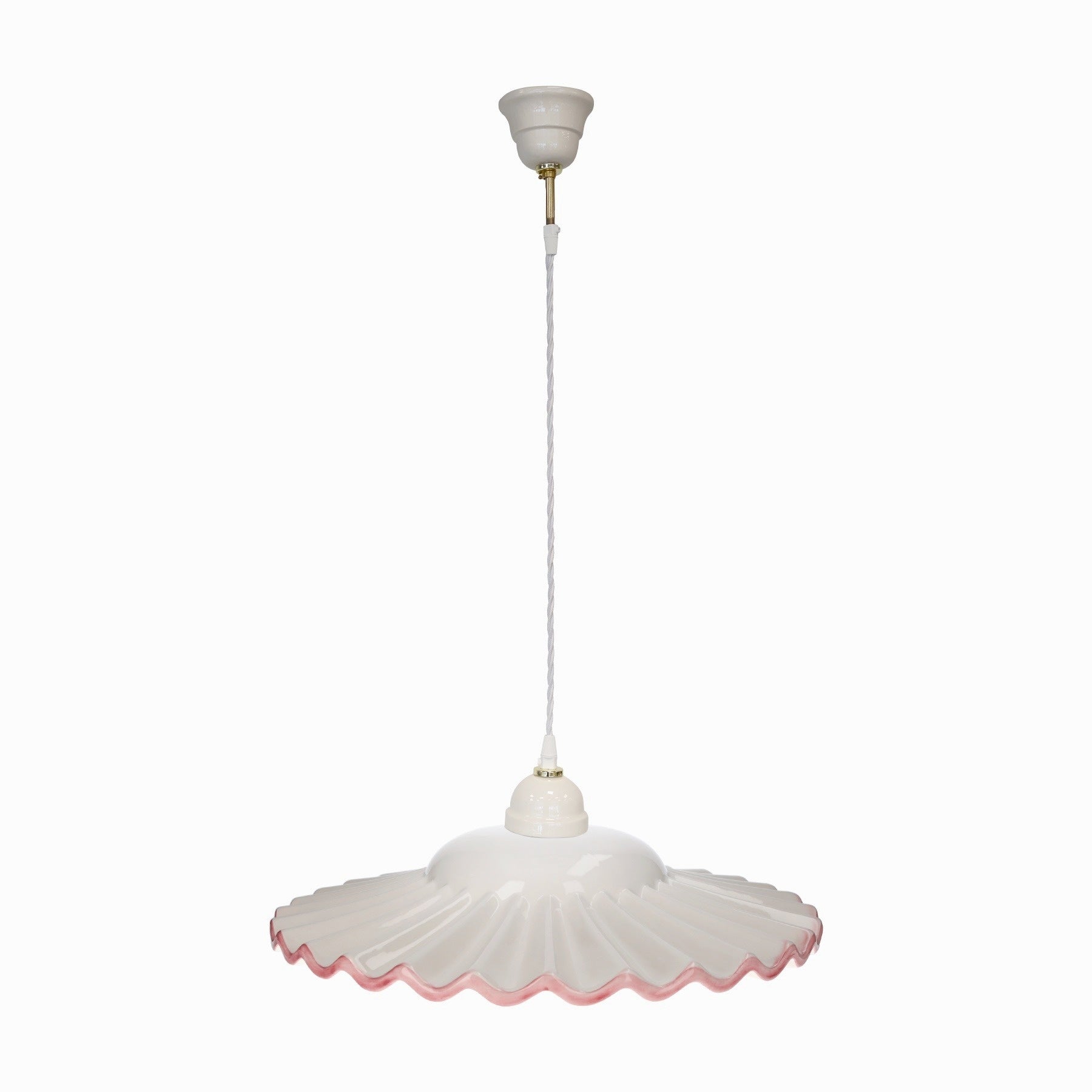 Lampadario Rustico in Ceramica Ondulato Bianco con Bordo Rosa
