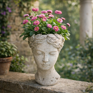 Testa Decorativa Porta Piante in Resina Bianca , Altezza cm 35
