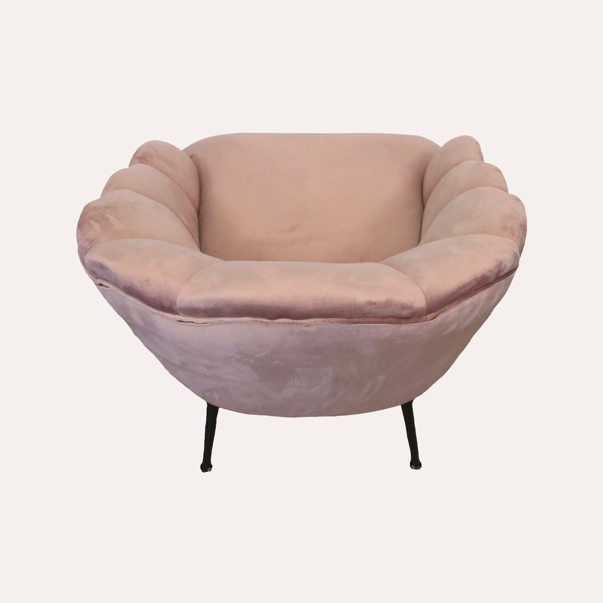Poltrona a Ventaglio in Velluto Rosa Cipria con Gambe Nere