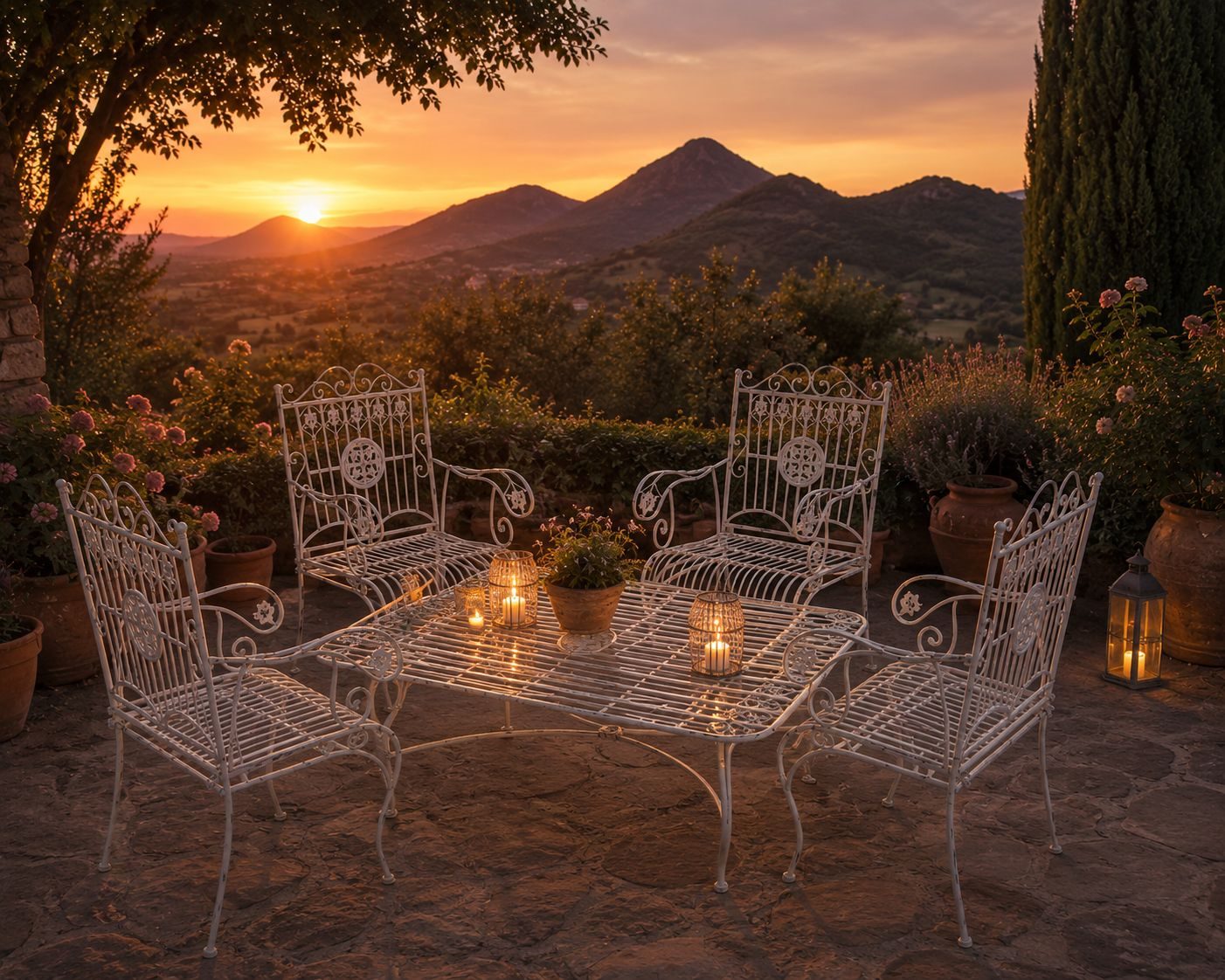 Antik Garden Set with Smoke Coffee Table and 4 Antique White Armchairs