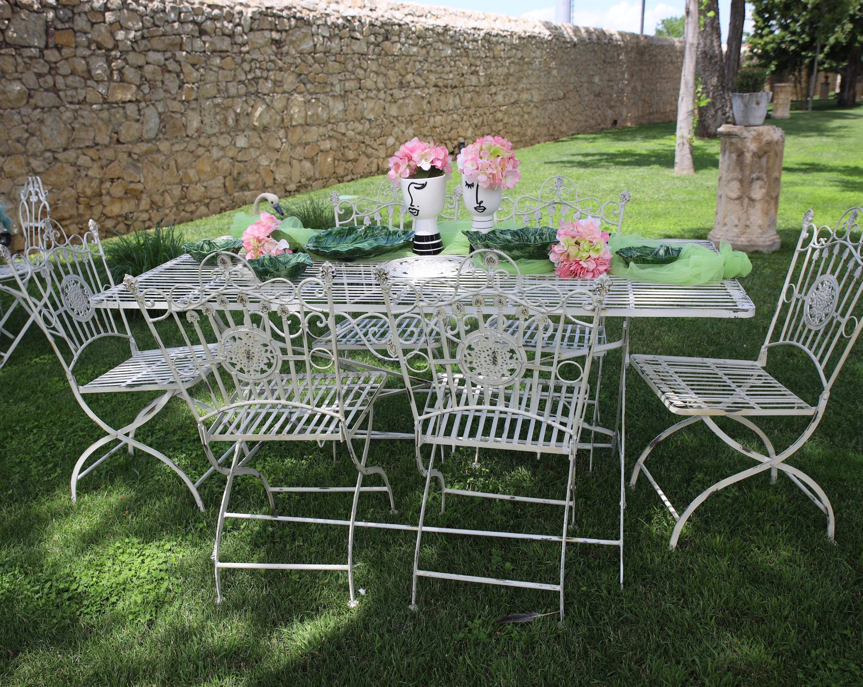 Set Tavolo da Giardino Rettangolare con 6 Sedie Bianco Anticato