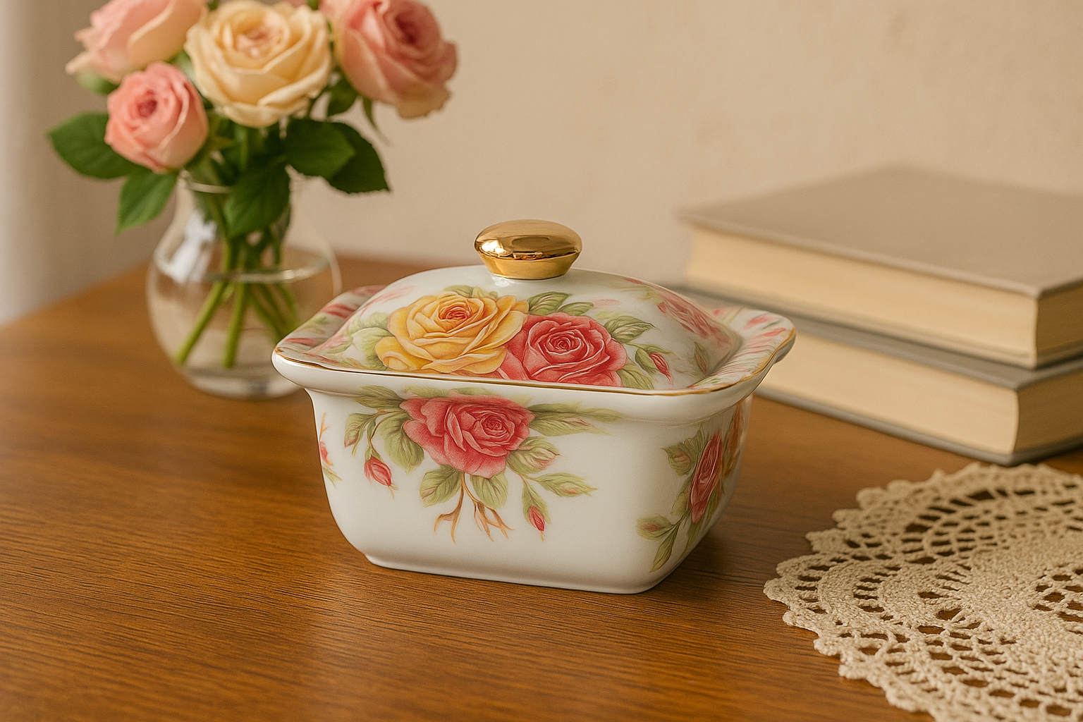 Scatola in Porcellana con Rose e Coperchio Dorato