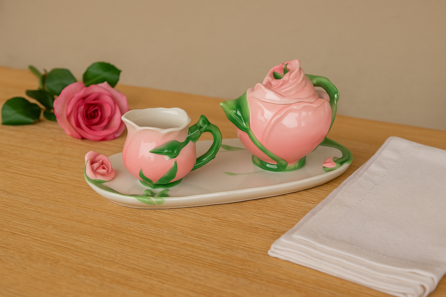 Set Zuccheriera e Porta Latte in Ceramica Decorata Rosa