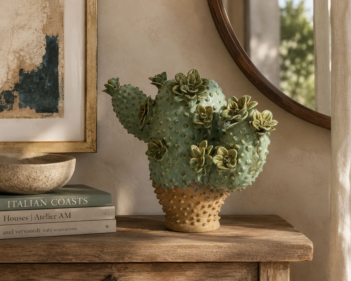 Green Ceramic Cactus Vase with Floral Details H.26×34×15.5 cm