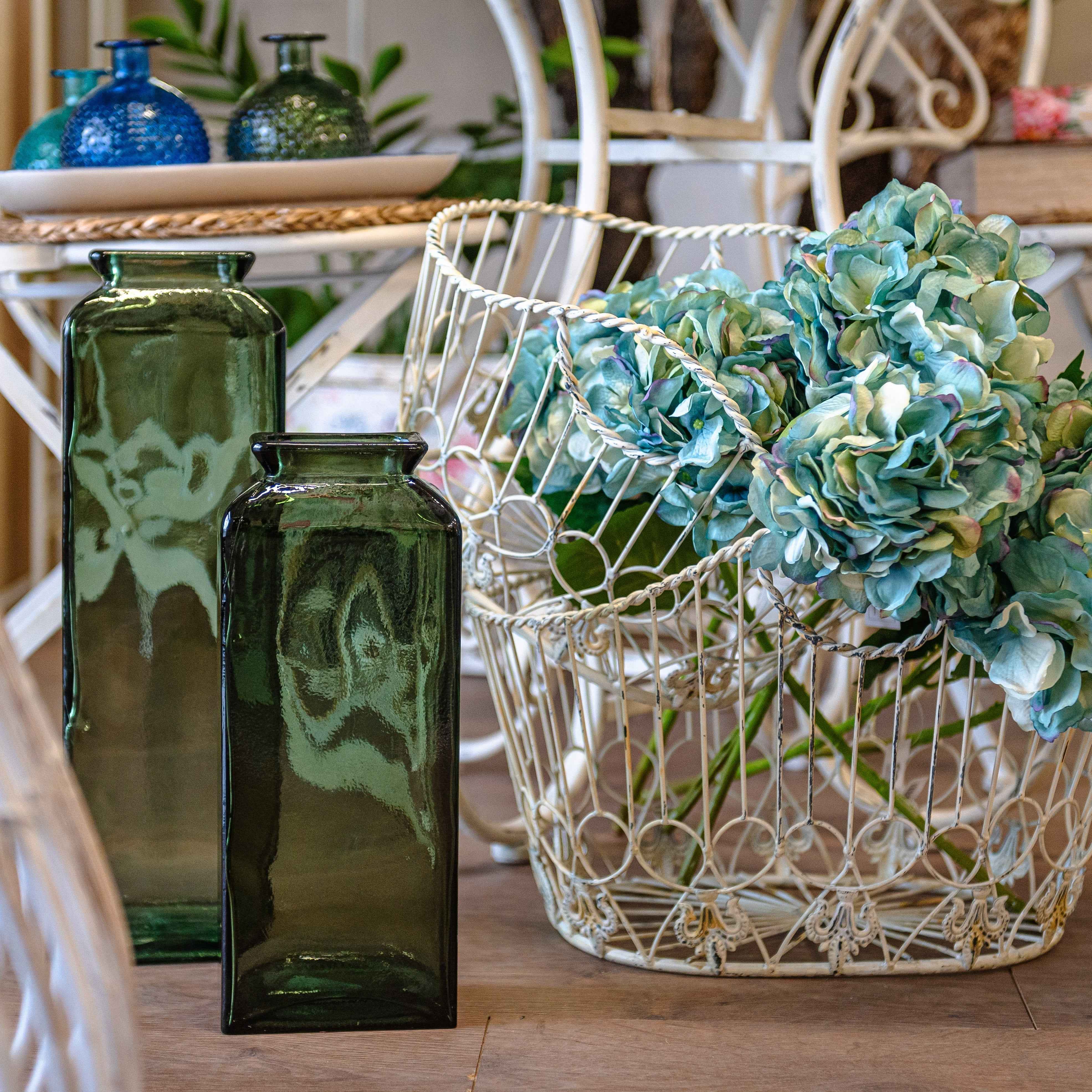 Rectangular vase in green recycled glass H45x14 cm