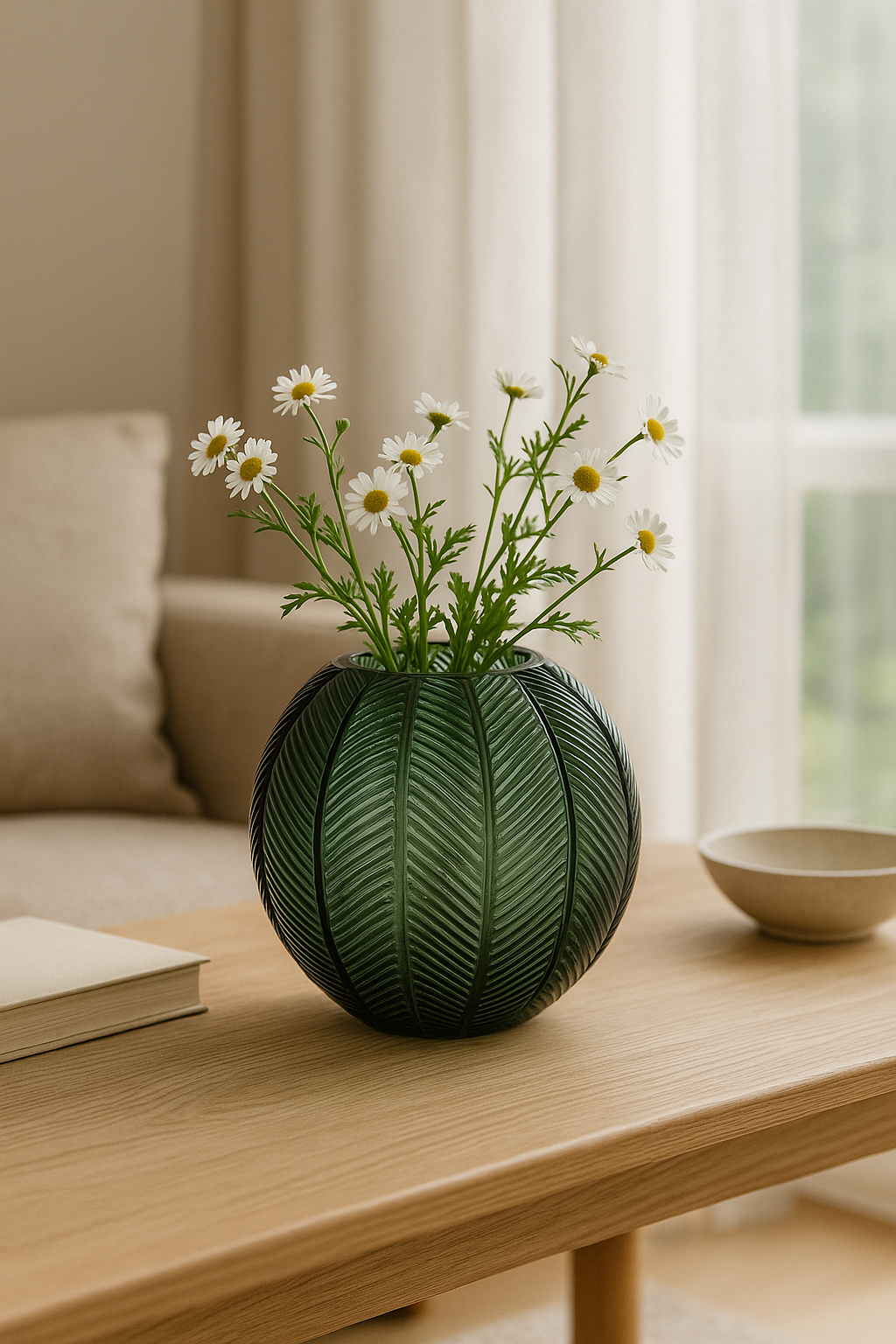 Round Green Glass Vase with Leaf Design