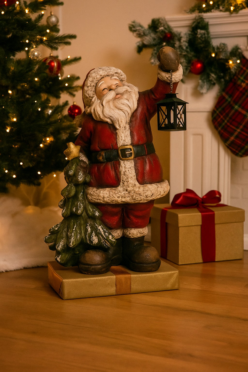 Babbo Natale con Pino e Lanterna in Resina