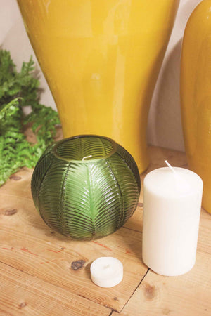 Vaso Tondo in Vetro Verde con Decoro Foglia – Arredo Casa Moderno ed Elegante