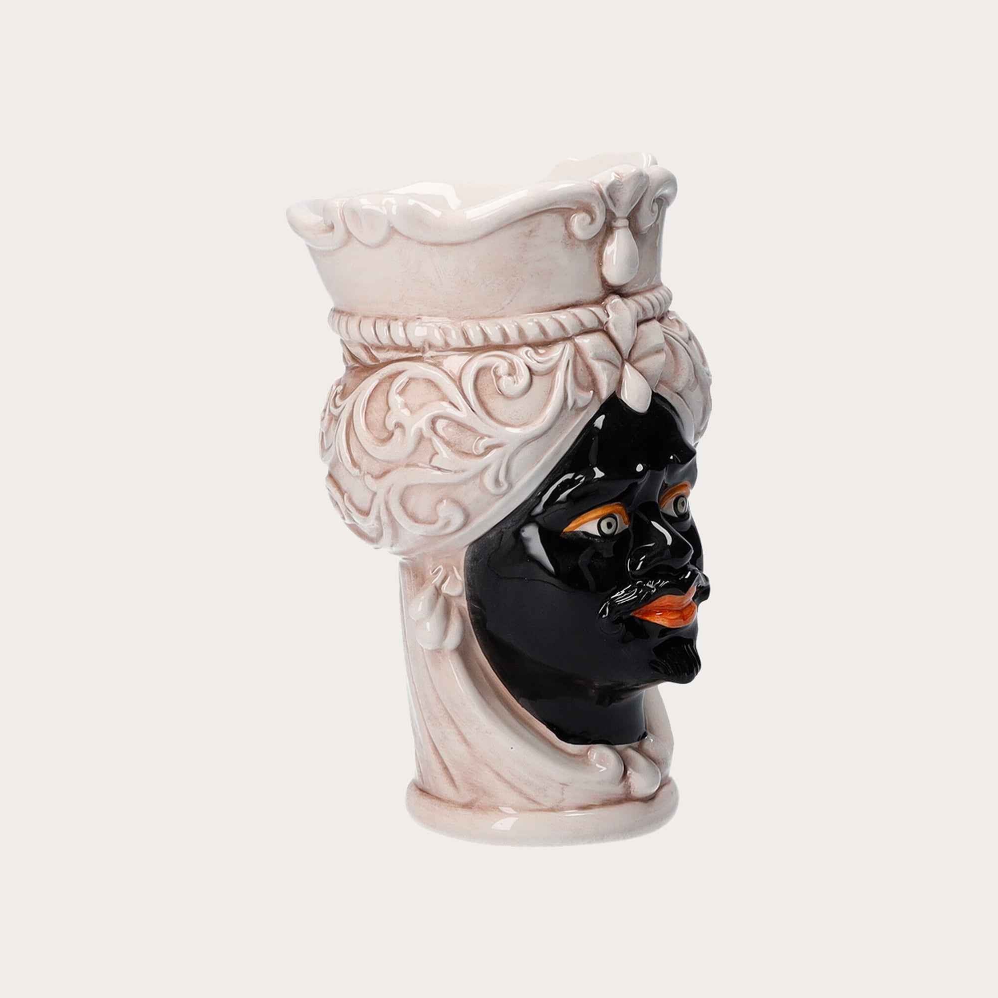 Vaso Testa di Moro Piccolo in Ceramica Beige e Nero – Artigianato Made in Italy
