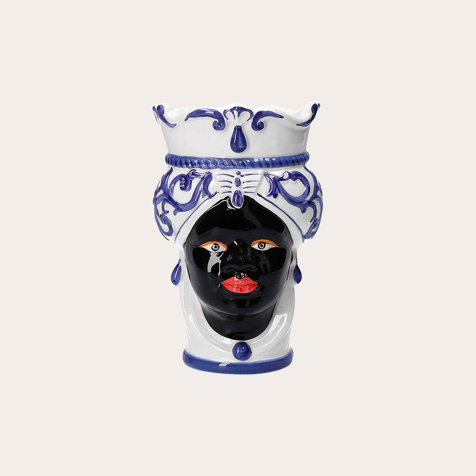 Vaso Testa Di Moro Donna in Ceramica Blu Piccolo - Made in Italy h. 20 cm