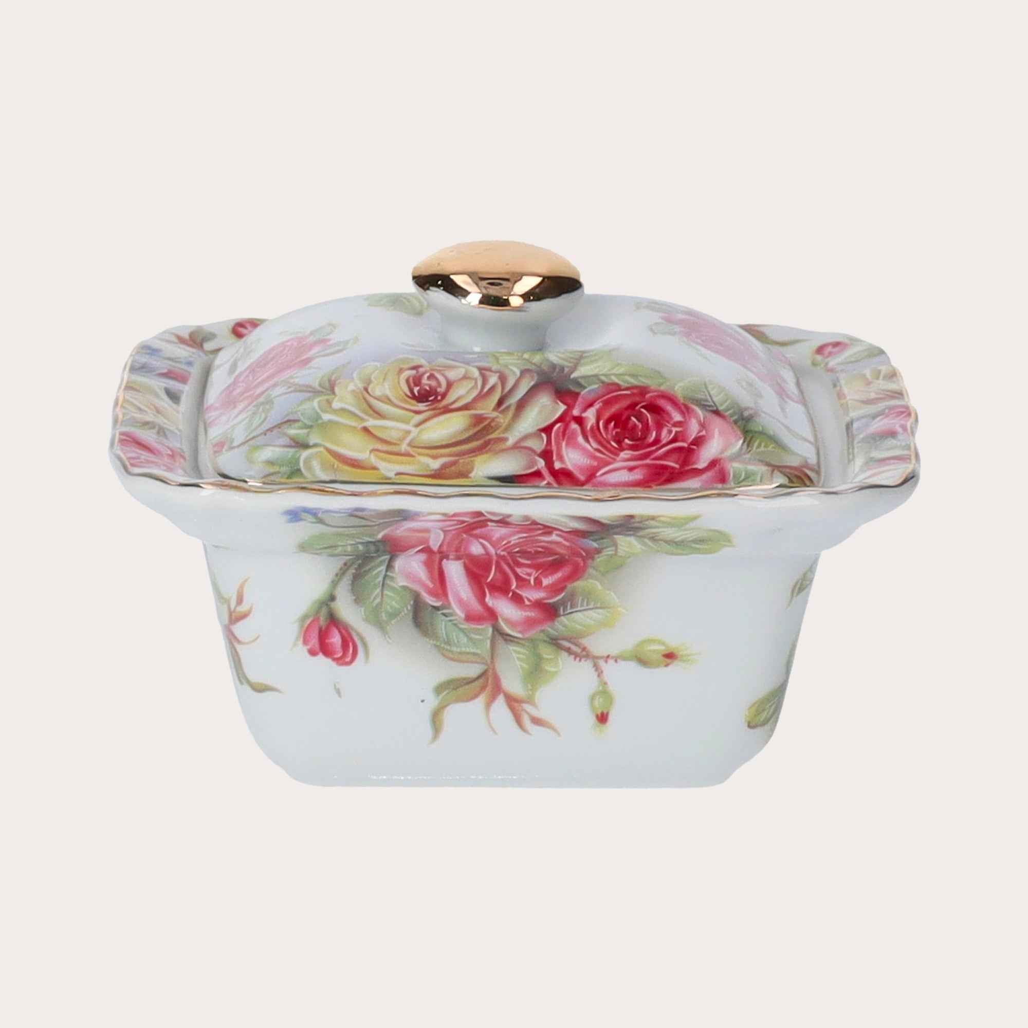 Scatola in Porcellana con Rose e Coperchio Dorato – Elegante Portaoggetti Decorativo