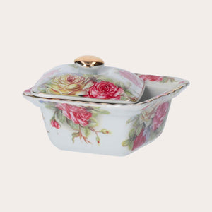 Scatola in Porcellana con Rose e Coperchio Dorato – Elegante Portaoggetti Decorativo