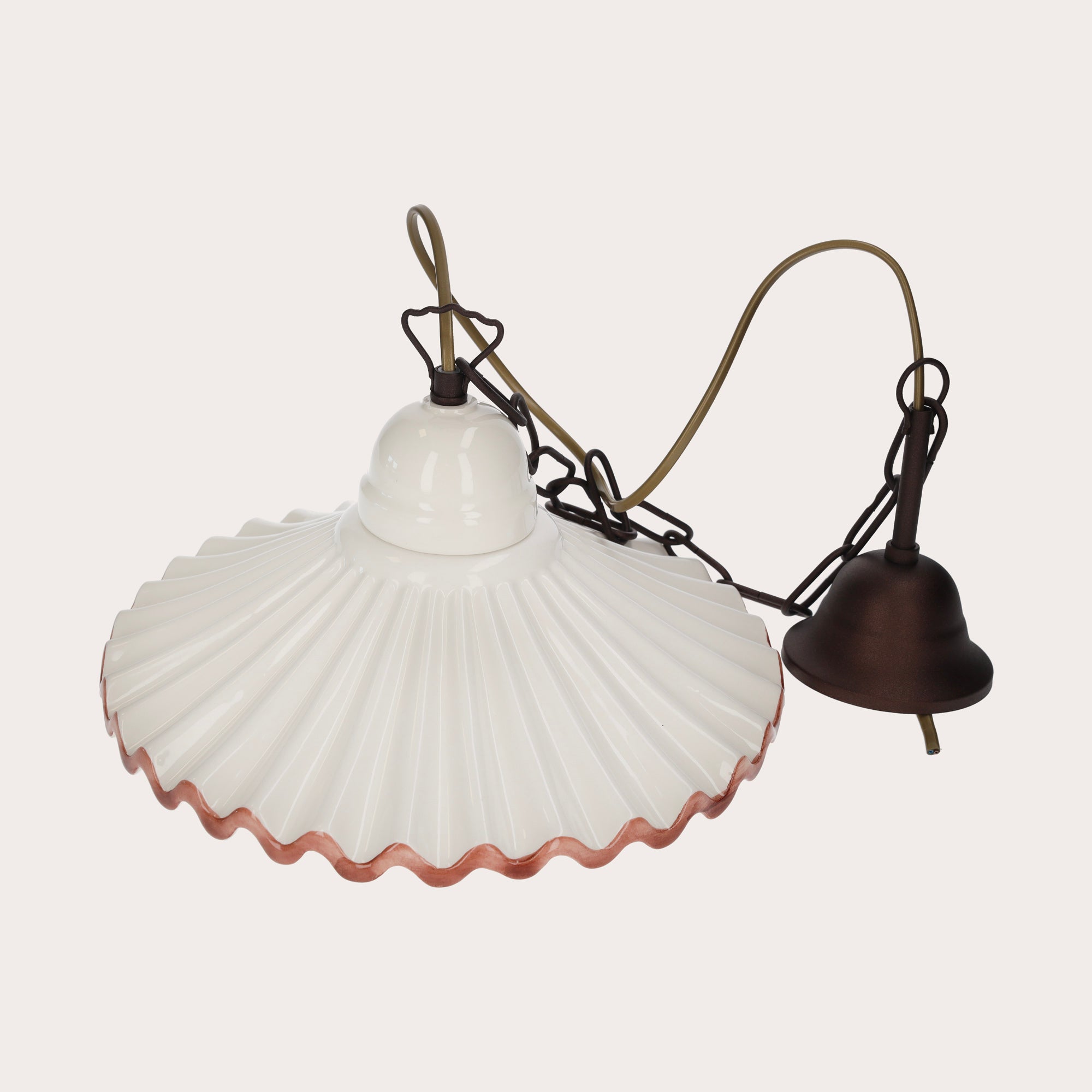 Lampadario Rustico Ceramica Bianca con Bordo Marrone Ø 30 cm con Catena