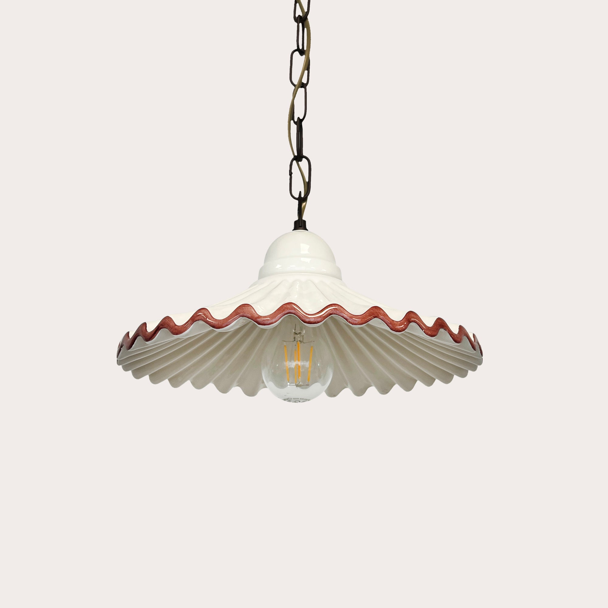 Lampadario Rustico Ceramica Bianca con Bordo Marrone Ø 30 cm con Catena