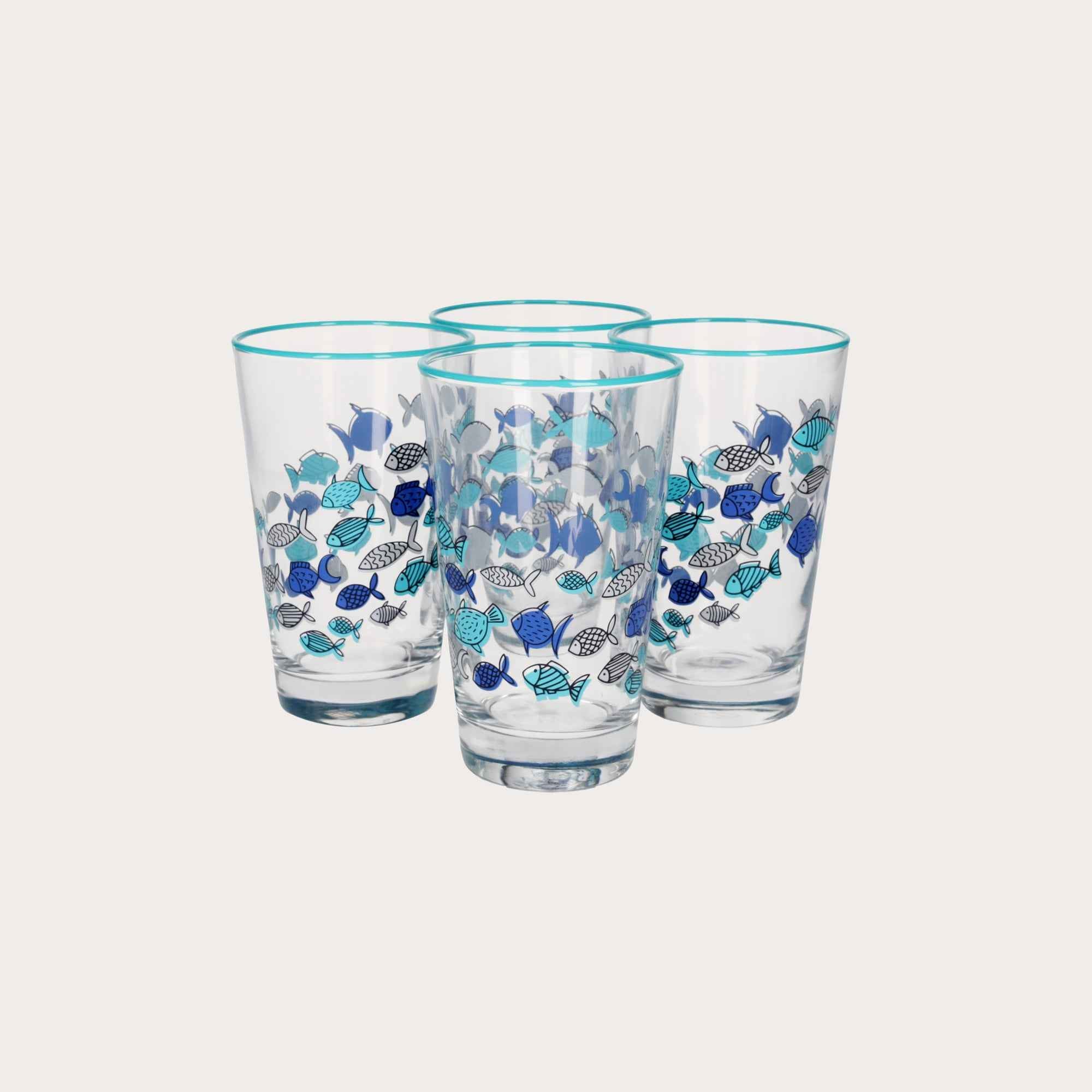Set 4 Bicchieri in Vetro Decorati con Pesci Blu – Set Elegante per la Tavola Estiva
