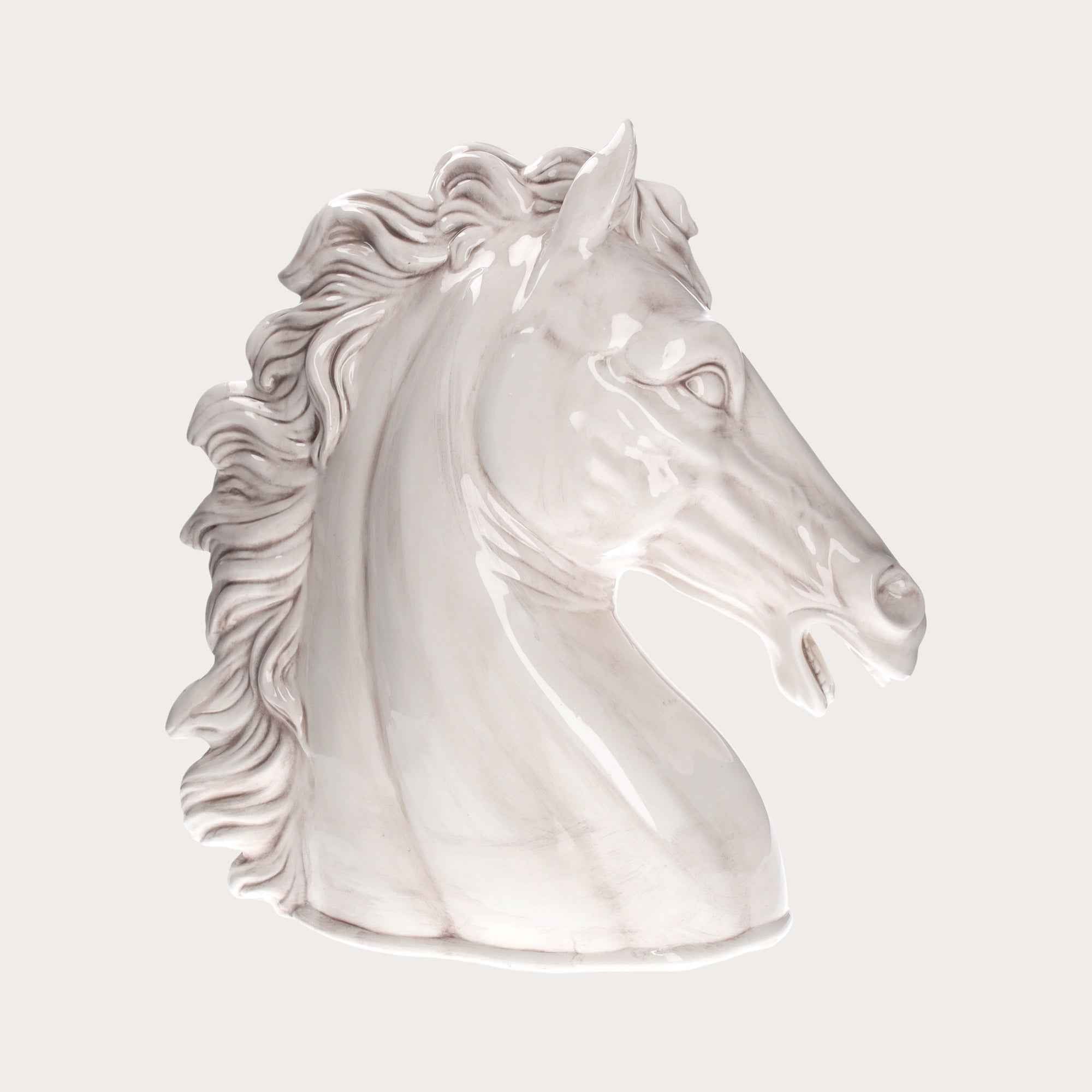 Testa di Cavallo in Ceramica Bianco Anticato – Decorata a Mano, Made in Italy