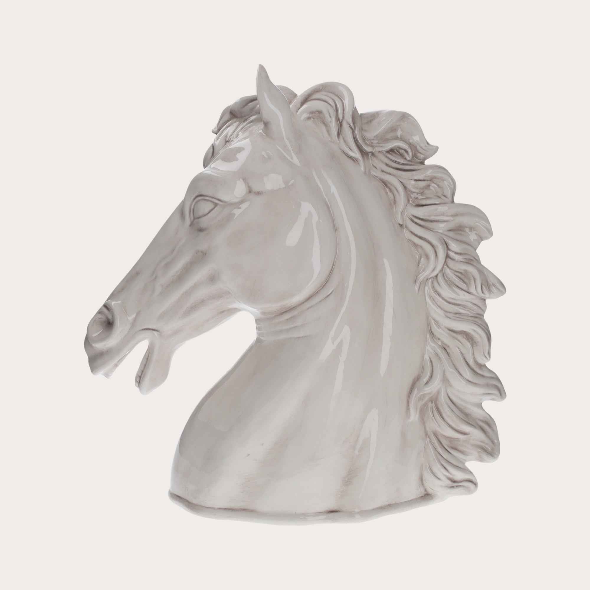 Testa di Cavallo in Ceramica Bianco Anticato – Decorata a Mano, Made in Italy