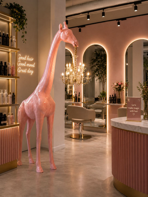 Lampada Statua Giraffa con Lampadario in Resina Rosa Effetto Venature