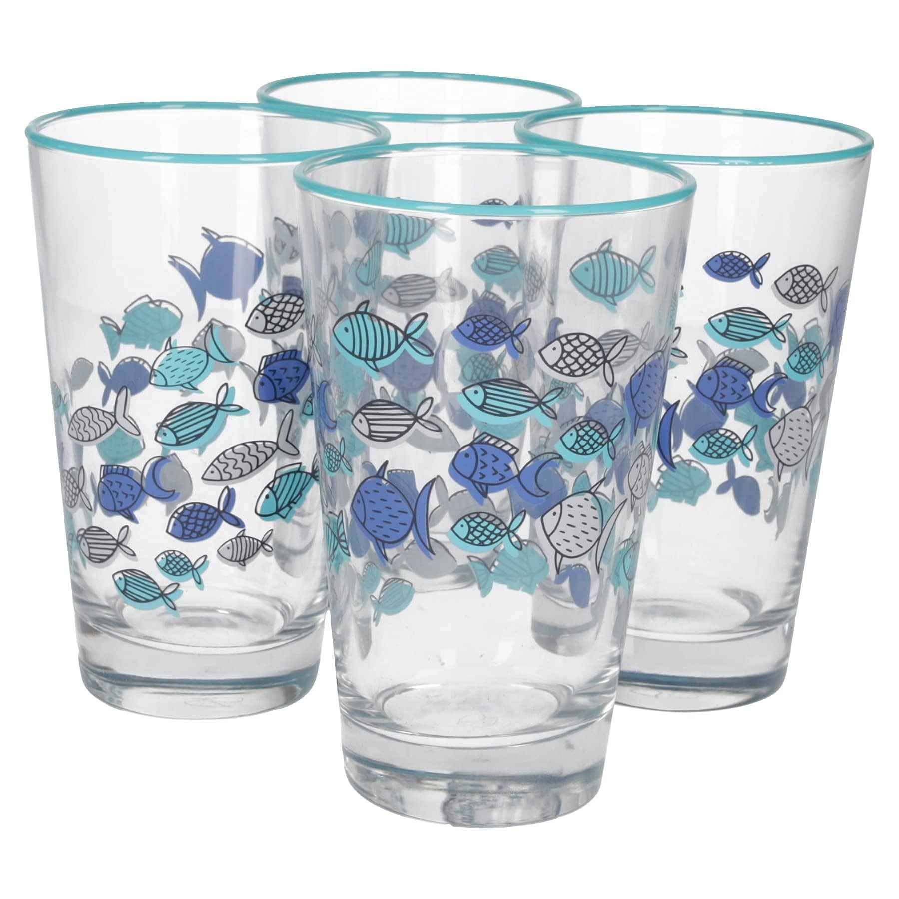 Set 4 Bicchieri in Vetro Decorati con Pesci Blu – Set Elegante per la Tavola Estiva
