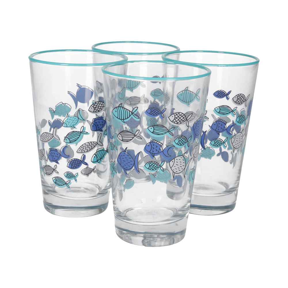 Set 4 Bicchieri in Vetro Decorati con Pesci Blu – Set Elegante per la Tavola Estiva