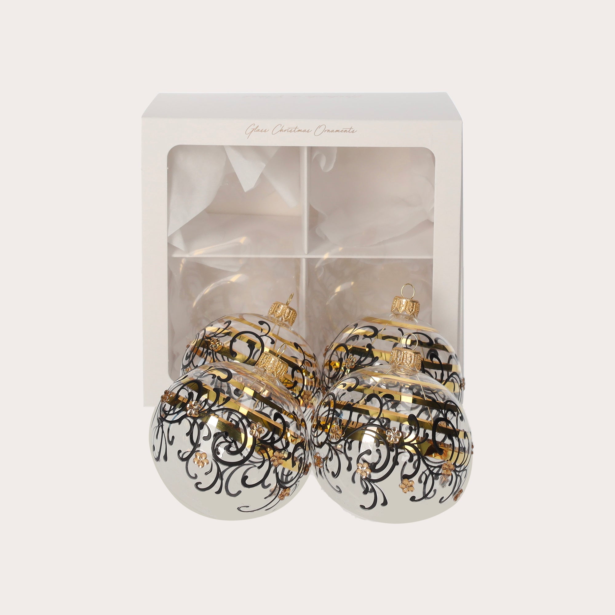 Set di 4 Palline di Natale in Vetro Trasparente con Decorazioni Nere e Oro
