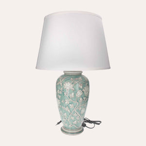 Lampada in Ceramica Verde Acquamarina con Paralume Bianco