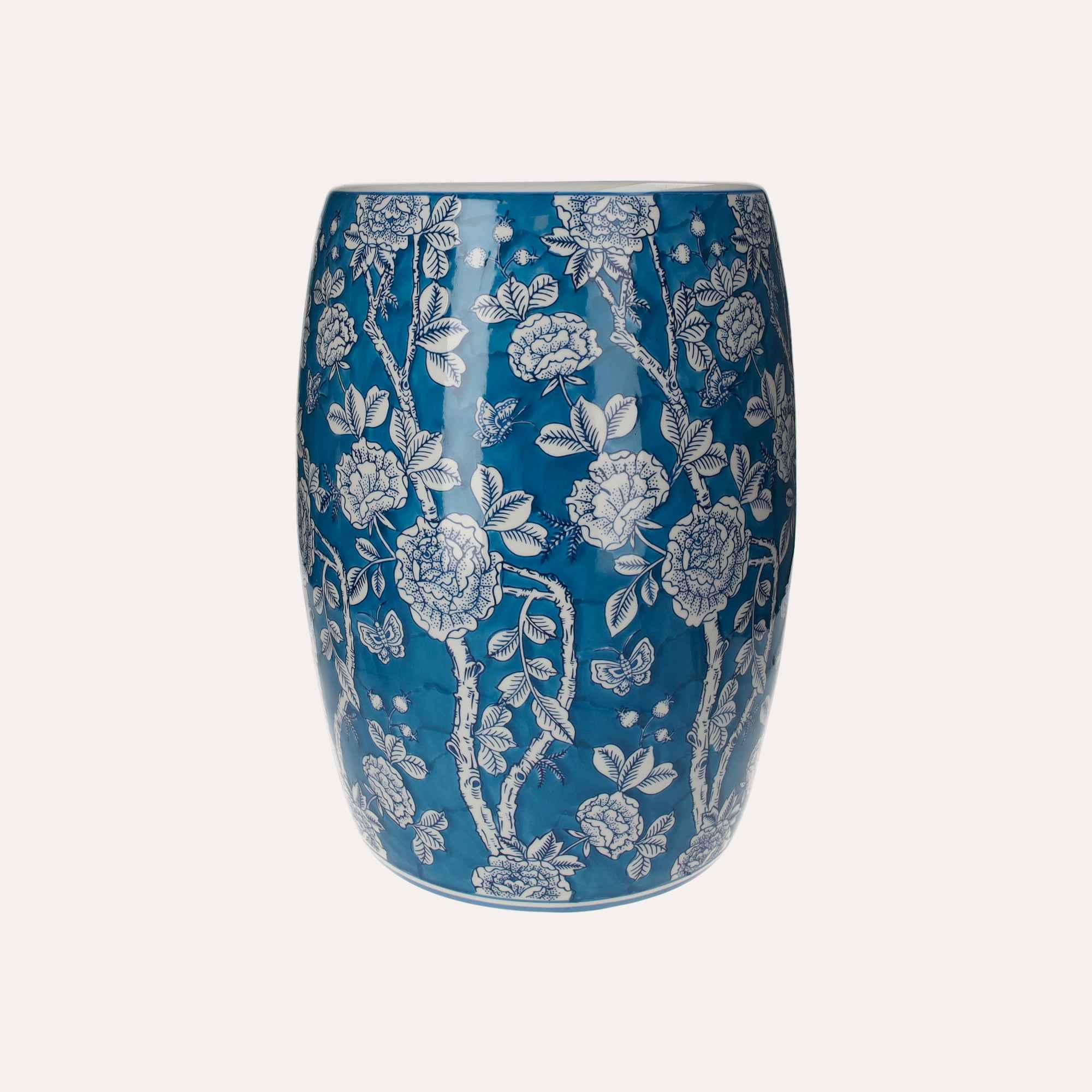 Pouf in Porcellana Decorato con Fiori e Farfalle Bianchi