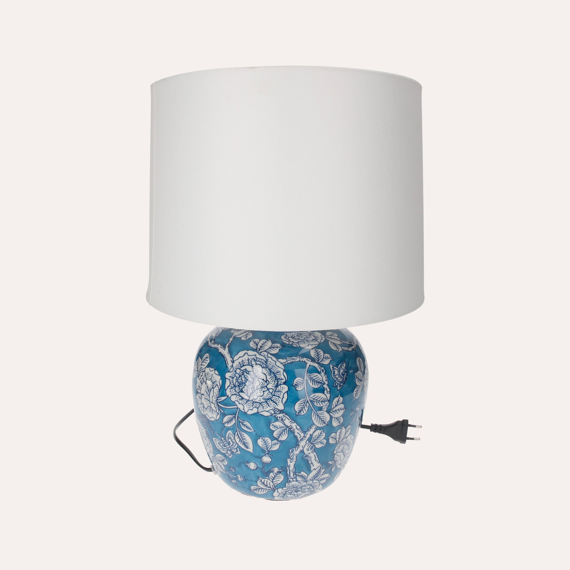 Decorative Blue Porcelain Lamp with Flowers and Butterflies