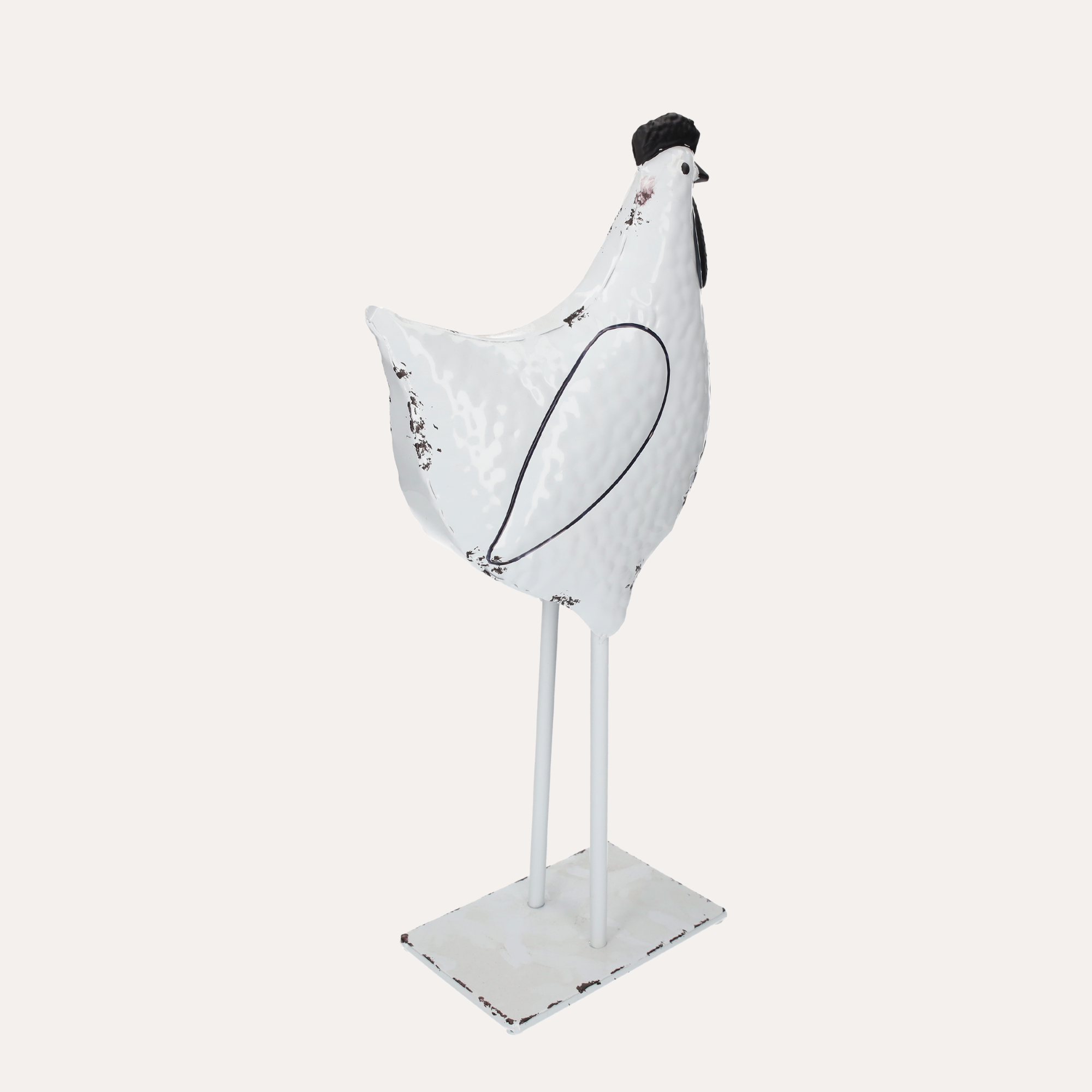 Gallo Decorativo in Latta Bianco e Nero Decapato H48x17x11 cm