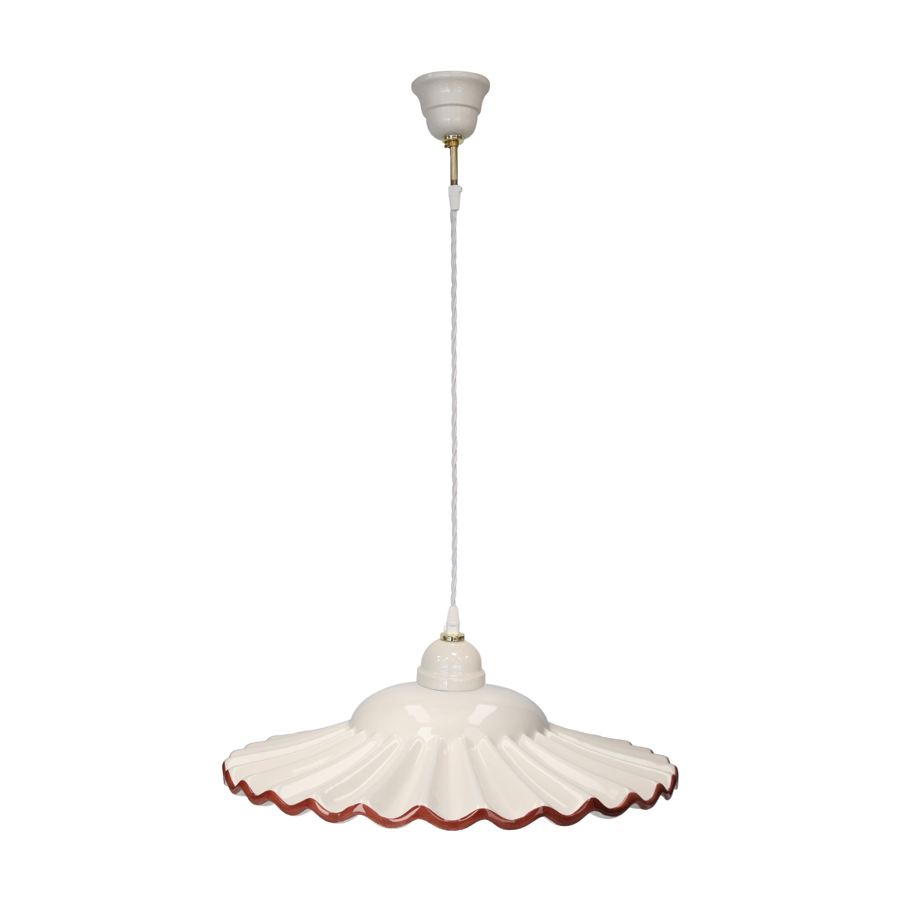 Lampadario Rustico Ceramica Bianca Bordo Marrone e Treccia Ø 39 cm
