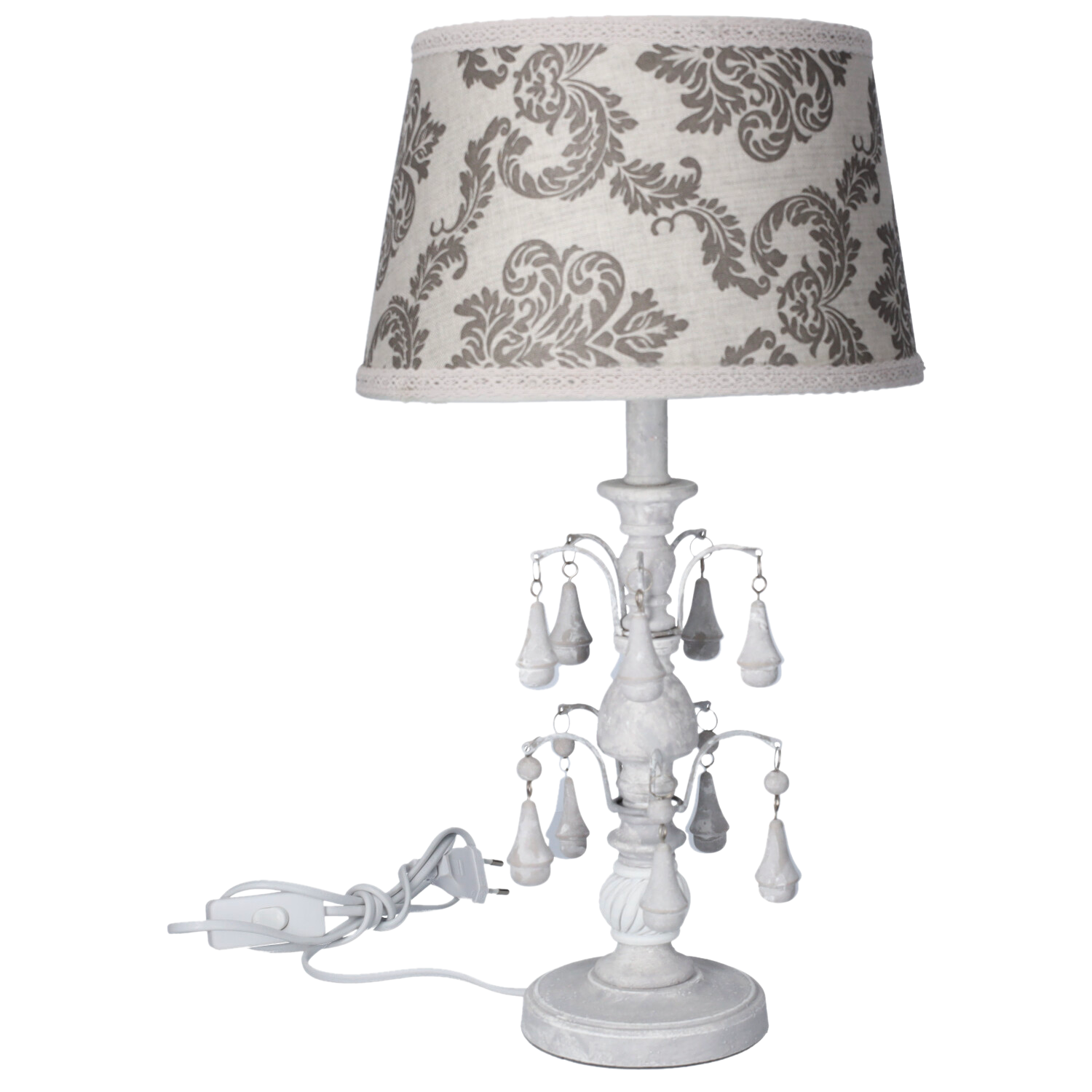 Shabby chic white and gray bedside lamp with pendants
