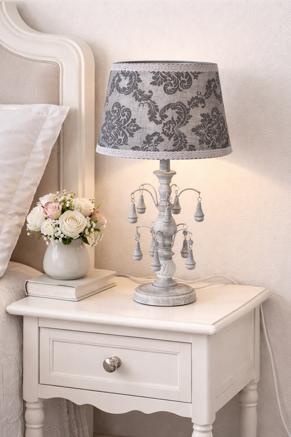 Shabby chic white and gray bedside lamp with pendants