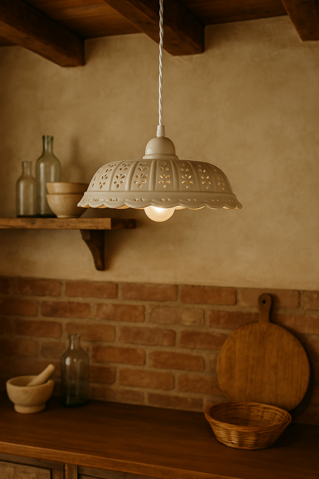 Lampadario a Sospensione in Ceramica Bianca Traforata