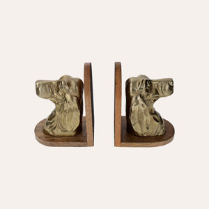 Fermalibri Busto di Cani in Metallo Dorato su Supporto in Legno