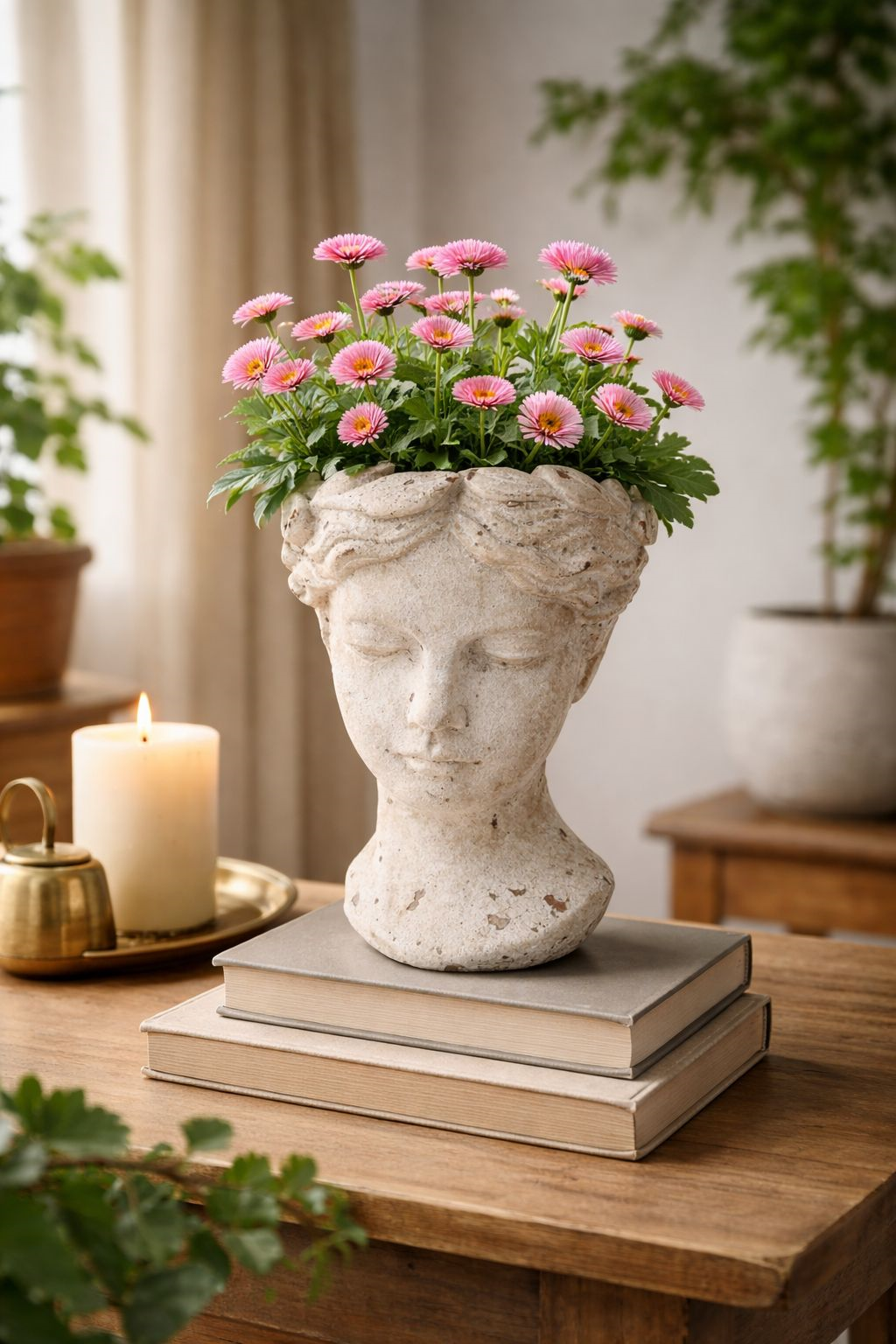 Testa Decorativa Porta Piante in Resina Bianca , Altezza cm 35