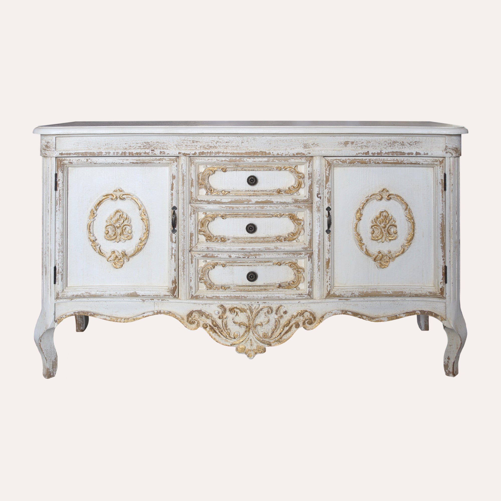 Cassettiera in Legno Bianco con dettagli dorati 128X38X76 cm