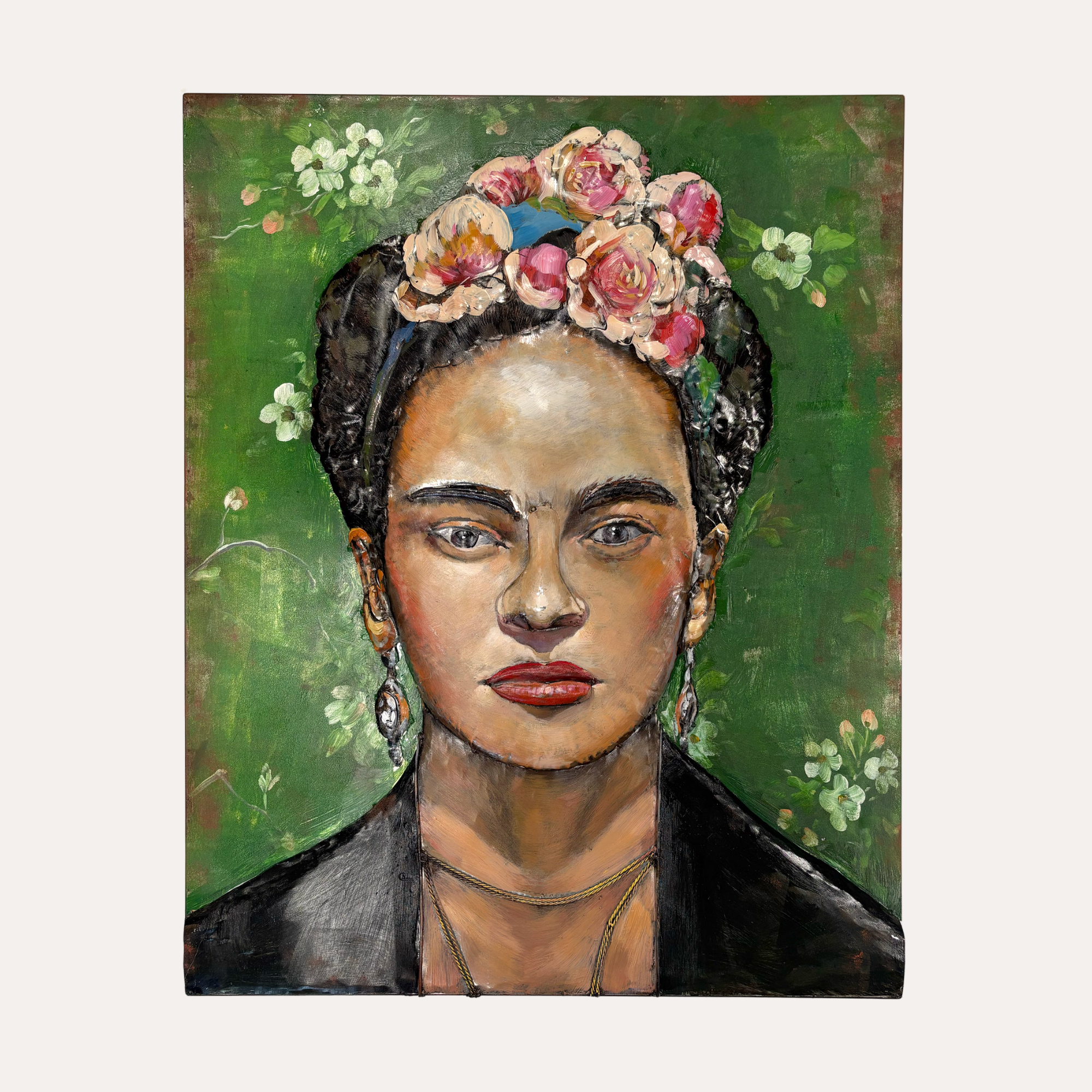 Quadro Decorativo in Metallo Donna con Fiori 80x100x8 cm