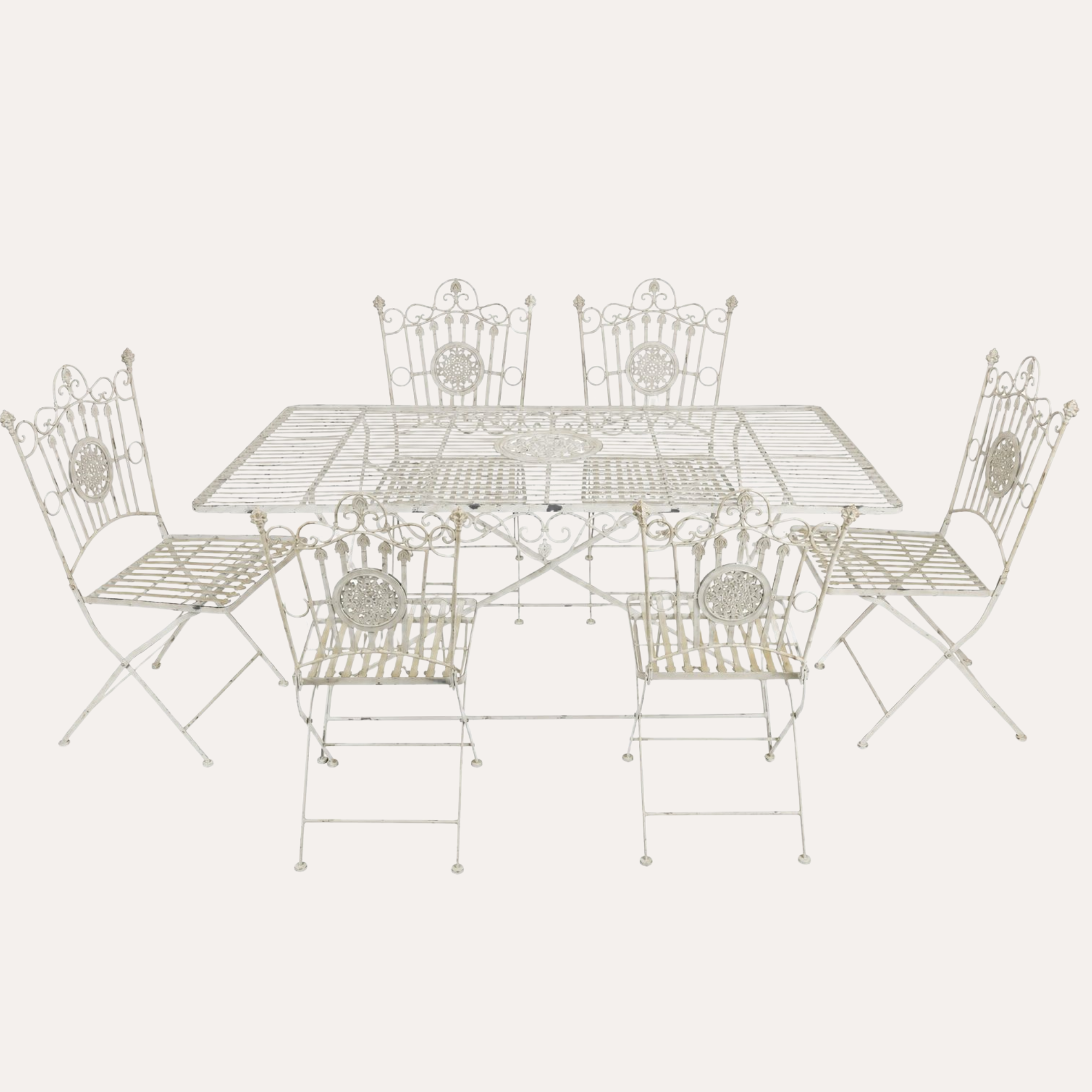 Vintage Garden Set in Antique White Iron with Table and 6 Chairs