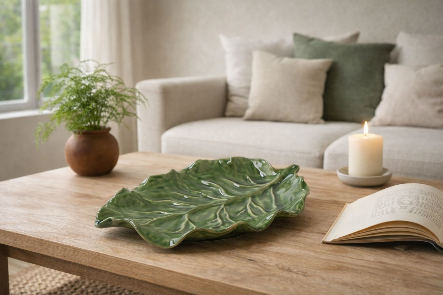 Foglia Decorativa in Ceramica Verde – Svuotatasche L. cm 33