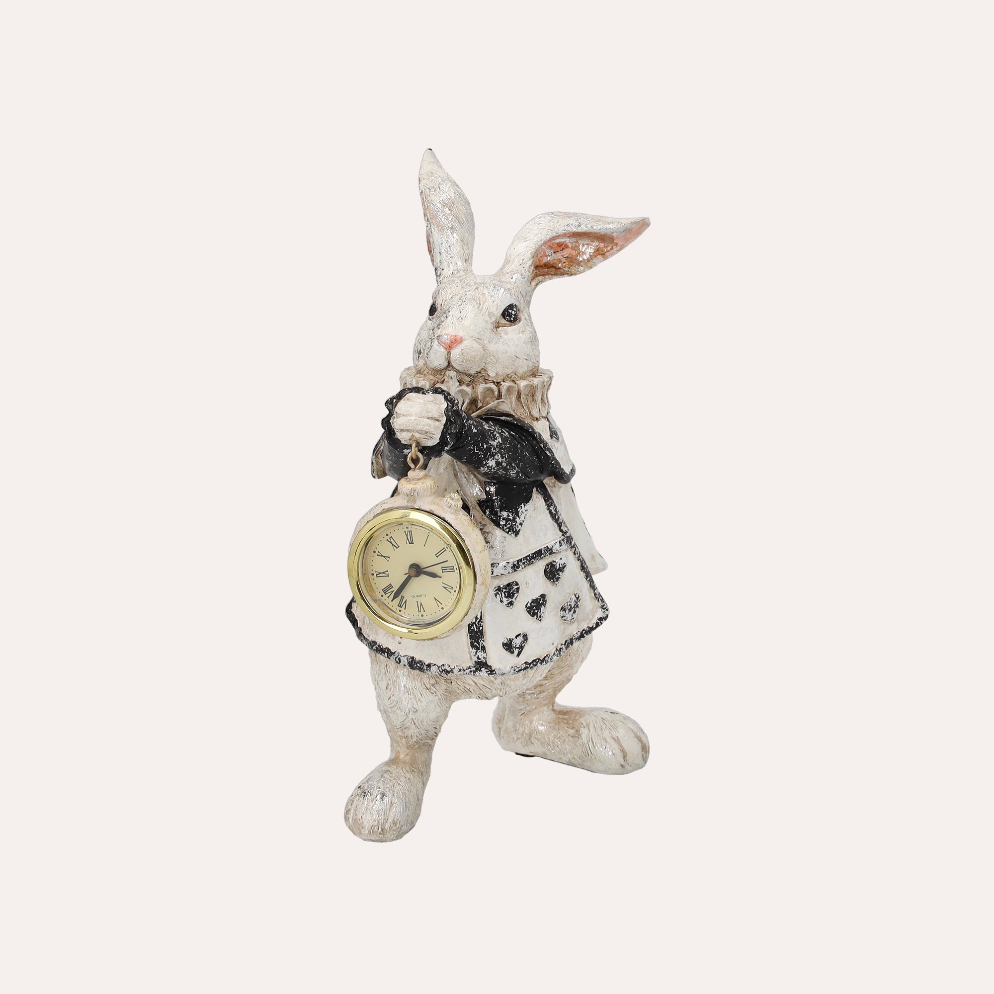 Statuina Bianconiglio con Orologio in Resina Bianco/Nero H. 26 cm