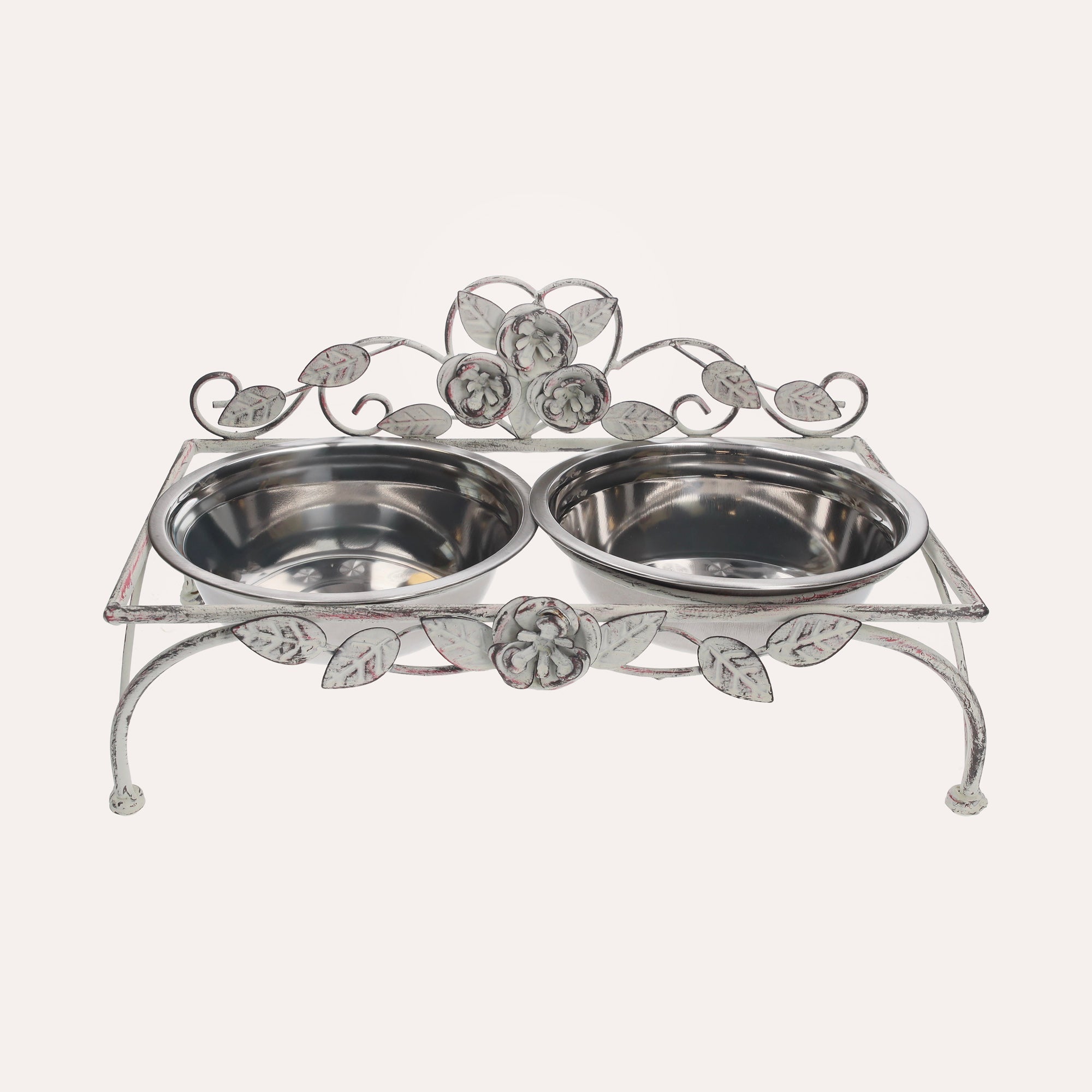 Stainless Steel Bowl Set with Rose-Decorated Stand